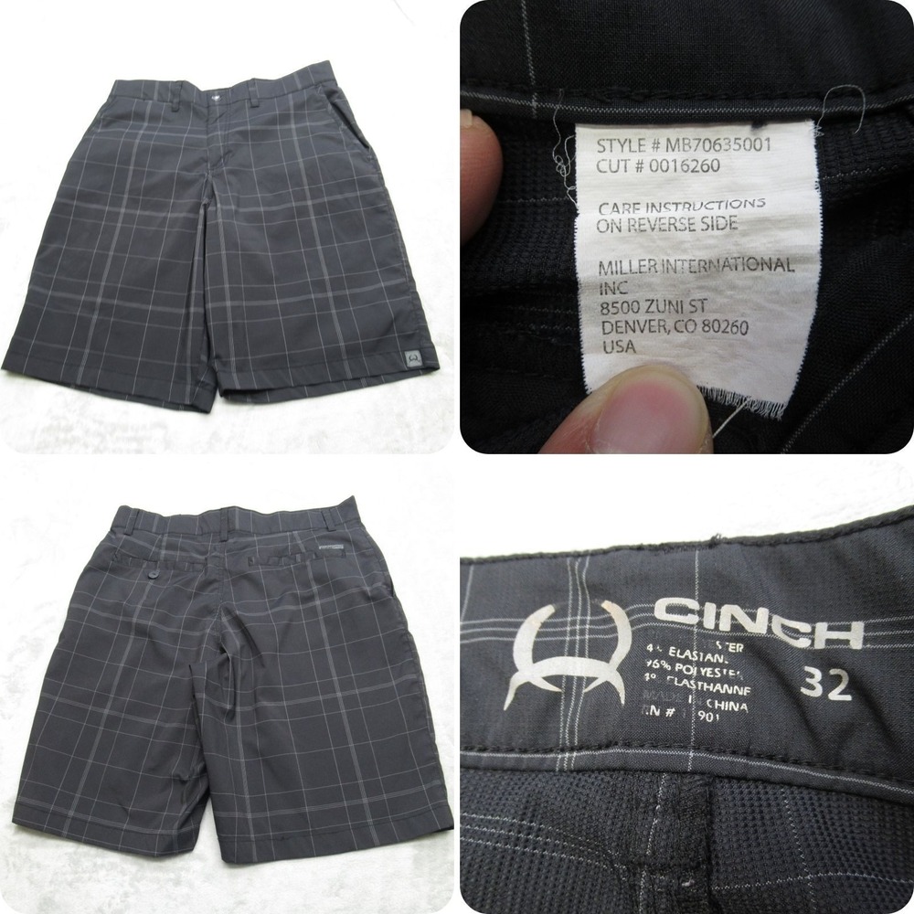 Cinch Shorts Mens 32 Black Plaid Zip Fly‎ Flat Front Performance Casual Golf